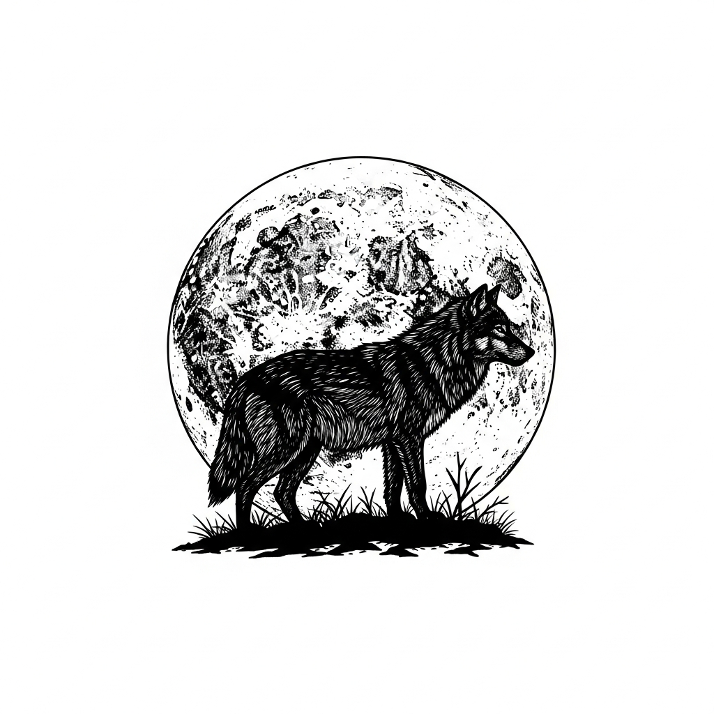 Line art illustration of a wolf and moon