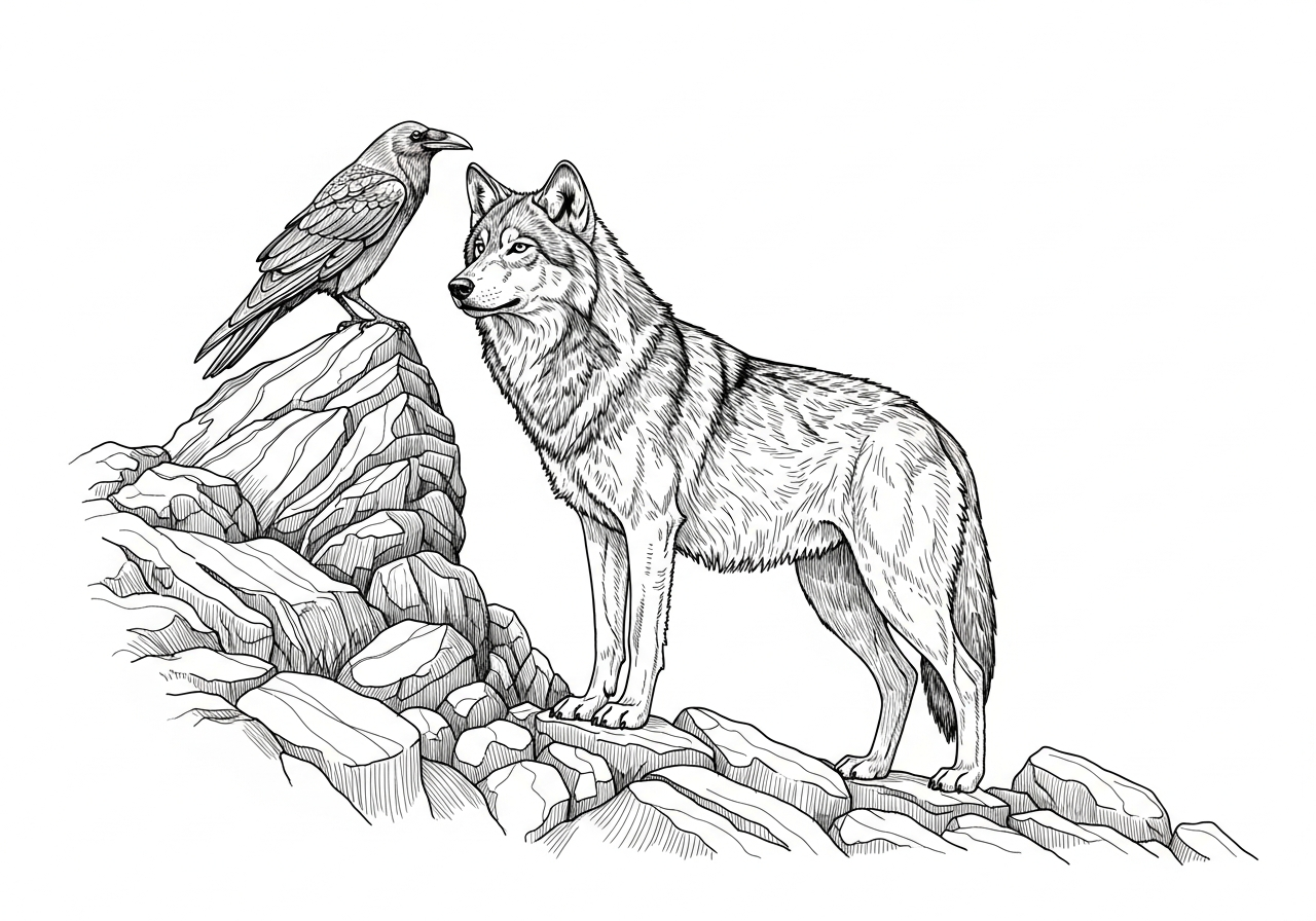 Line art illustration of a wolf and raven