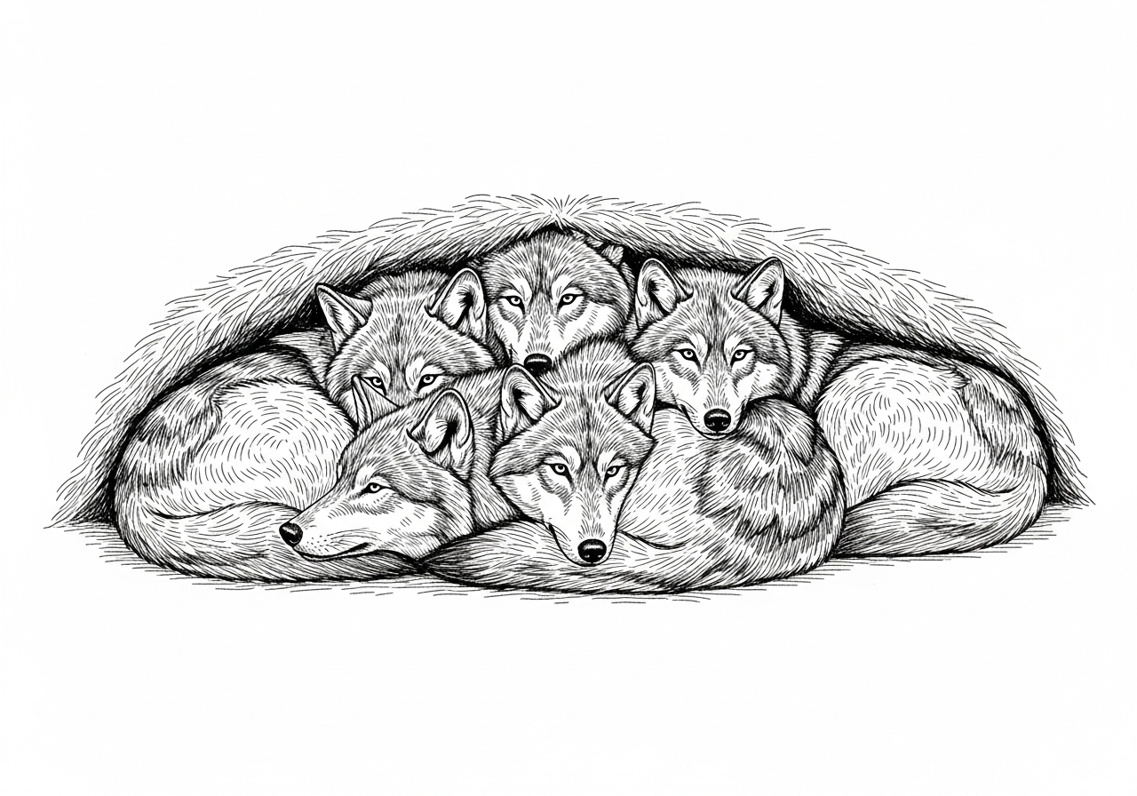 Line art illustration of wolf cubs