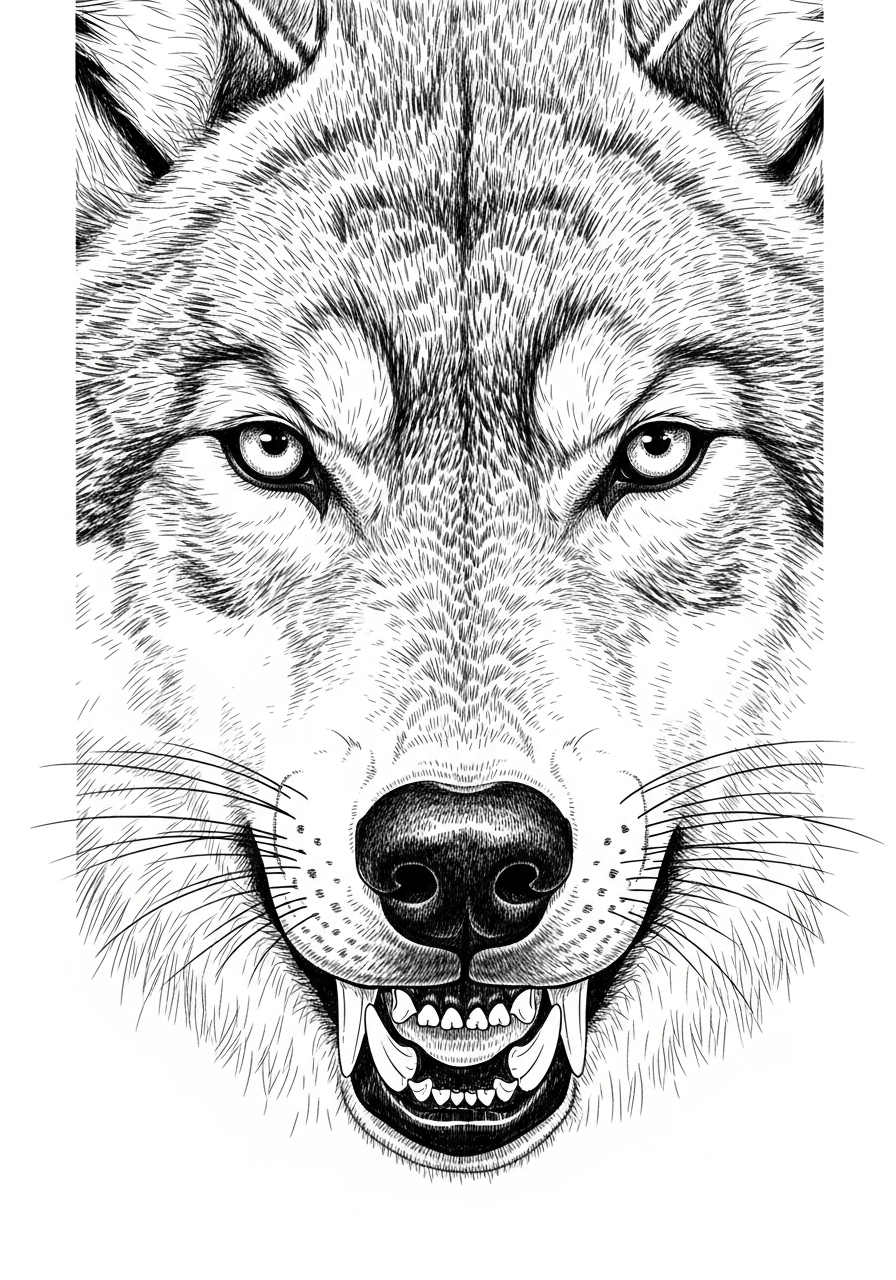 Line art illustration of a wolf face close-up
