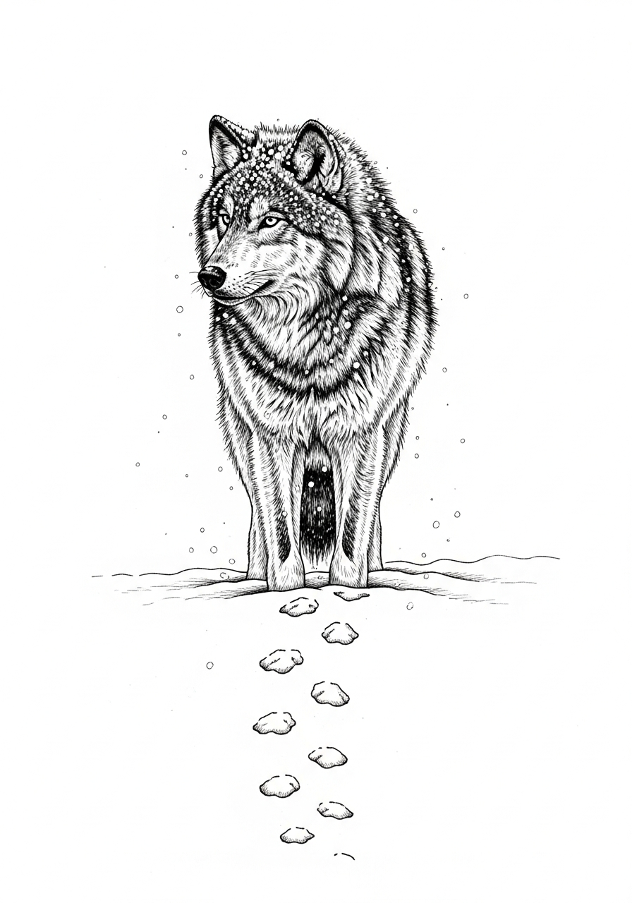 Line art illustration of a wolf in snow