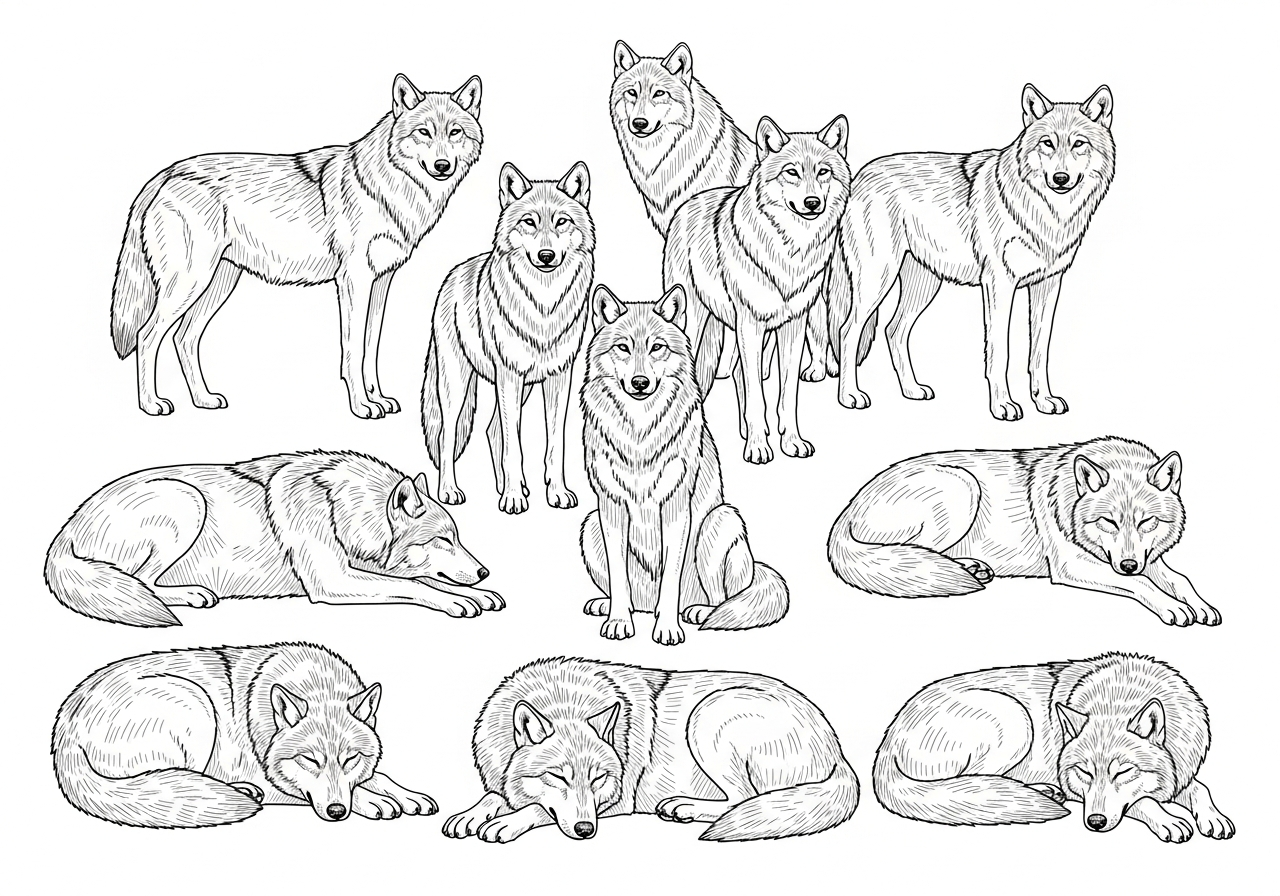 Line art illustration of a wolf pack