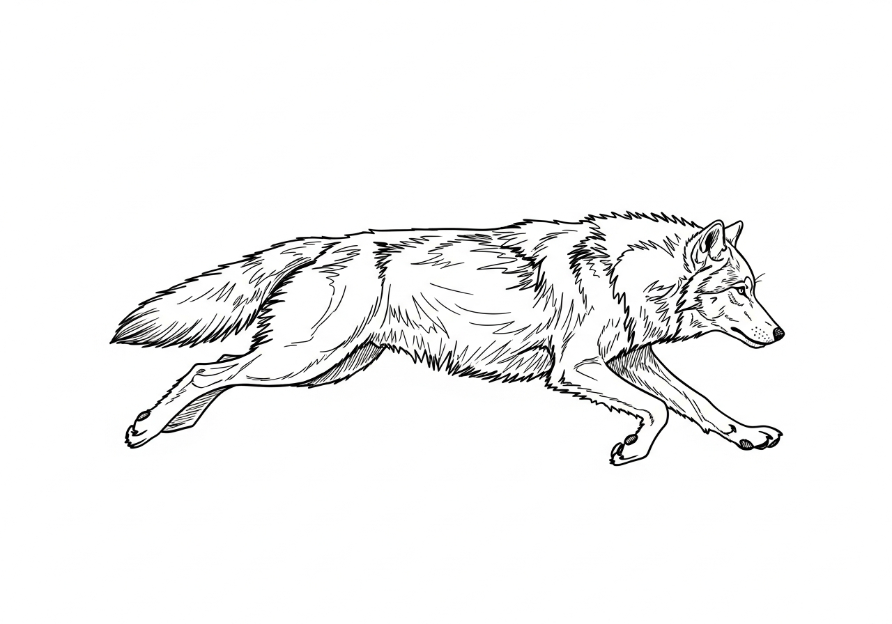 Line art illustration of a running wolf